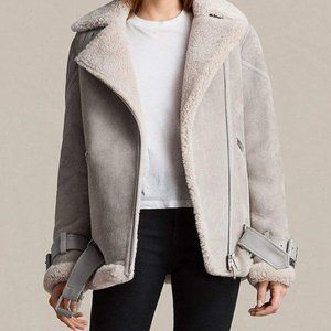 All Saints Hawley Oversized Shearling Jacket in Grey - Size XS